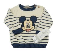 Nové - smetanovo-tmavomodrý pruhovaný sveter s Mickey Disney