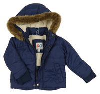 Tmavomodrá prešívaná šušťáková prechodná bunda s kapucňou s kožešinou KD