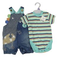 Nové - 2set - Modré riflové laclové kraťasy s dinosaurem + pruhované body Next