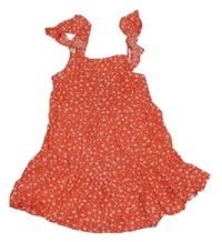 Červeno-biele kvetované plátenné letné šaty s volánikmi PRIMARK