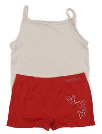 2Set - Světlerůžová košilka s mašličku H&M + červené nohavičkové kalhotky s motýlky z kamínků