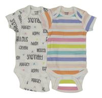 2x - Body - Bílé s nápisy a barevnými srdíčky, barevné pruhované onesies