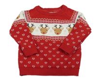 Červeno-biely sveter so sobmi a srdiečkami Primark