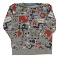 Sivá melírovaná mikina s mořskými živočichy Tu