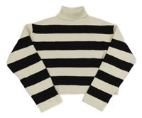 Krémovo-černý pruhovaný žebrovaný crop svetr s rolákem Zara