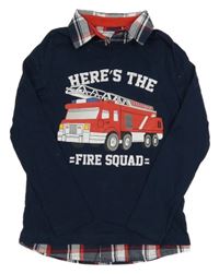Tmavomodré triko s hasičským autem a košilí C&A