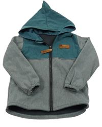 Šedo-zelená melírovaná softshellová bunda s nášivkou a kapucí