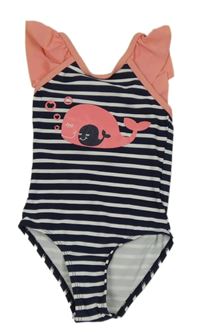 Tmavomodro-bílé pruhované jednodílné plavky s velrybami