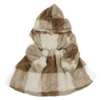 Bielo-hnedé kockované chlpaté šaty s kapucňou Shein