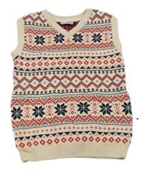 Smetanovo-červeno-čierna vzorovaná pletená vesta s vločkami