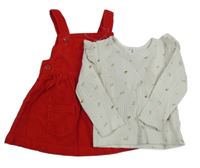 Nové - 2 set - červené laclové manšestrové šaty + smetanové žebrované triko s kvítky dunnes