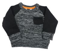 Čierno-sivý melírovaný sveter s teplákovymi rukávy a vreckom Primark