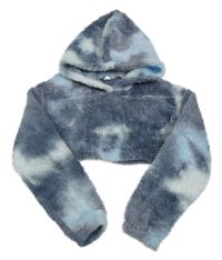 Šedomodro-světlemodro-biela batikovaná plyšová crop mikina s kapucňou Shein