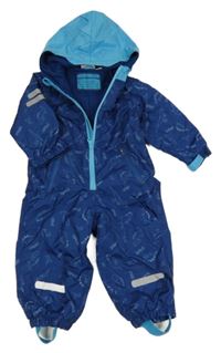 Tmavomodro-modrá šusťáková zateplená kombinéza s diny a kapucí Impidimpi