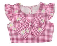 Ružovo-biely kockovaný kvetovaný crop top s 3D mašlou Shein
