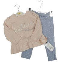 Nové - 2set - Světlerůžové žebrované triko s nápisem + modré žebrované legíny s hvězdami George