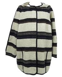 Nové - Dámský béžovo-hnědo-tmavomodrý pruhovaný vlněný kabát M&S