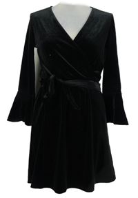 Dámske čierne zamatové šaty s opaskom H&M