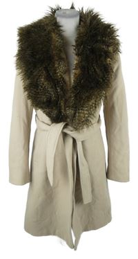 Dámský béžový vlněný kabát s kožíškem a páskem 