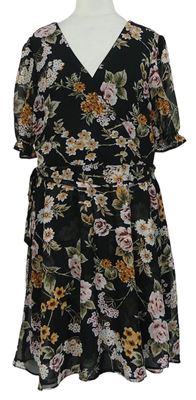 Dámske čierne kvetované šifónové šaty s opaskom New Look