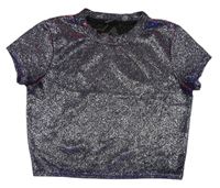 Čierno-modro-ružové trblietavé crop tričko