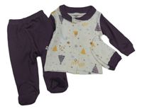 3set- bílo-fialové pyžamo s obrázky+ čepice 