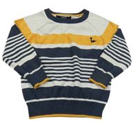 Sivo-modro-horčicový pruhovaný sveter s dinosaurom George