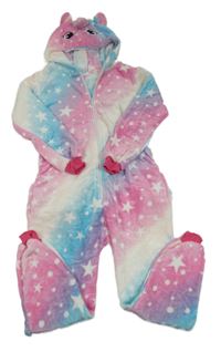 Farebná duhová chlpatá kombinéza s hviezdami a kapucí - jednorožec