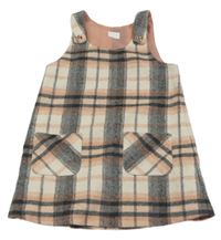 Bílo-šedo-růžové kostkované laclové vlněné šaty F&F