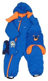 3set - Modrá šušťáková zimná kombinéza s kapucí + čepice + rukavice Wed´ze