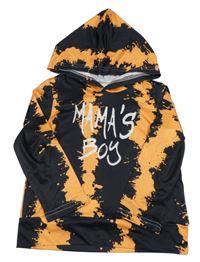 Černo-oranžové vzorované triko s nápisem a kapucí 