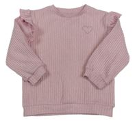 Ružová melírovaná rebrovaná úpletová mikina so srdiečkom a volánikmi Tu