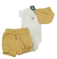 Nové - 3 set - biele body so sluncem + žluto-červené pruhované kraťasy + žluto-červený slinták