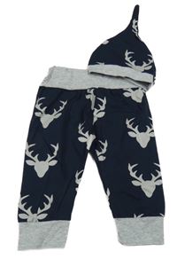 2set - Tmavomodro-šedé tepláky se soby + čepice 