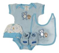 Nové - 4set - Světlemodré body s medvídky + bryndák + čepice + capáčky