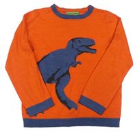 Tmavooranžovo/tmavomodrý melírovaný pletený sveter s dinosaurom John Lewis