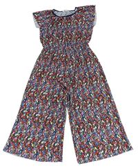 Tmavomodro-farebný kvietkovany plisovaný nohavicový culottes overal H&M