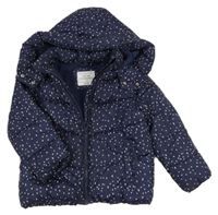 Tmavomodro-bílá puntíkatá prošívaná šusťáková zimní bunda s kapucí Primark