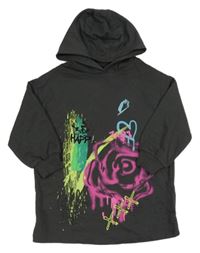 Tmavošedá oversize dlouhá mikina s růží a kapucí Next