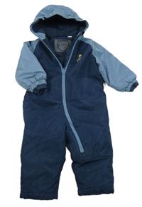 Tmavomodro-modrošedá šusťáková zimní kombinéza s medvídkem a kapucí lupilu