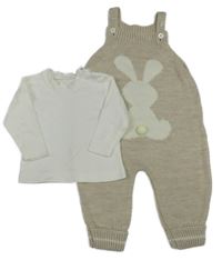 2Set - Světlebéžové melírované pletené laclové kalhoty se zajíčkem + bílé triko 