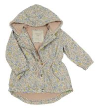 Smetanová šusťáková jarní lehce zateplená parka s kytičkami a kapucí Mothercare