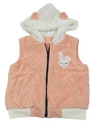 Broskvovo-biela prešívaná plyšová zateplená vesta so zajačikom a chlpatou kapucňou s uškami