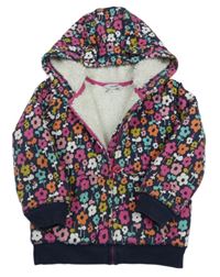 Tmavomodrá propínací zateplená mikina s kytičkami a kapucí s oušky George