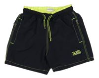 Tmavomodro-křiklavě žluté plážové kraťasy s logem Hugo Boss