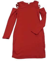 Tmavočervené rebrované elastické šaty s volnými rameny SHEIN