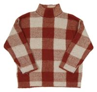 Rezavo-bílo/světlerůžový kockovaný chlpatý sveter ZARA