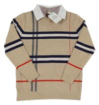 Nové - béžovo-tmavomodro-bielo-červený kockovaný melírovaný sveter s golierikom