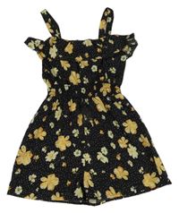 Černý puntíkatý kraťasový overal s květy a volánkem PRIMARK