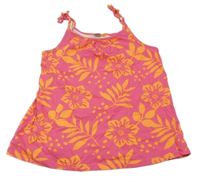 Tmavorůžovo-oranžový vzorovaný top s kvetmi a lístečky Tu